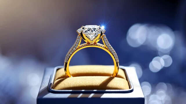Gold diamond ring in a box on a background, isolated.