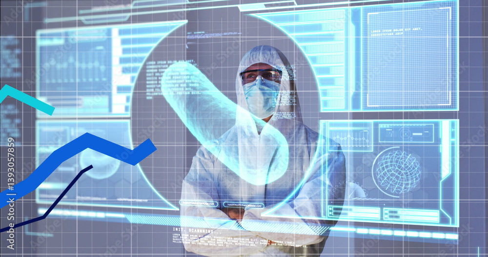 Poster multiple blue graphs moving over screen with medical data processing against health worker