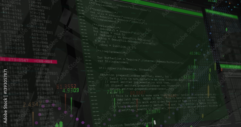 Poster image of financial data processing on screens over modern building
