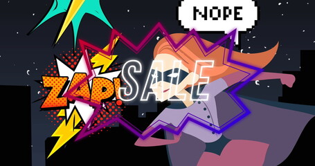 Image of sale text in white in pink to purple speech bubble over retro superhero