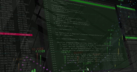 Image of financial data processing on screens over modern building