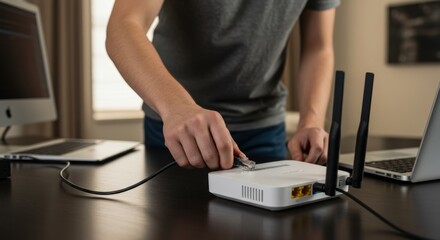 A person plugs a cord into a router