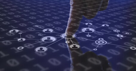 Image of man touching interactive screen with network of people icons and binary coding