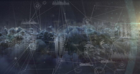 Image of network of connections and data processing over cityscape and clouds