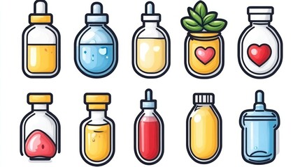 Colorful cosmetic bottles and containers on white background