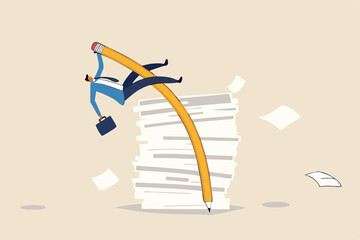 Efficiency or productivity to finish work, manage busy workload or paperwork, project documents or overcome exhausted or challenge concept, businessman jump pole vault over busy document paper.