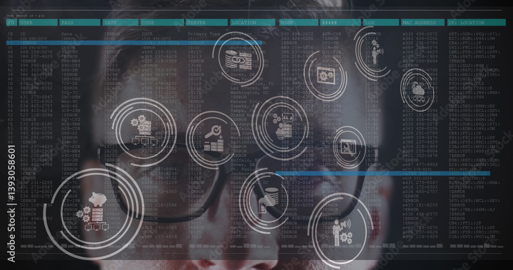 Poster multiple digital icons floating over male hacker against data processing on black background