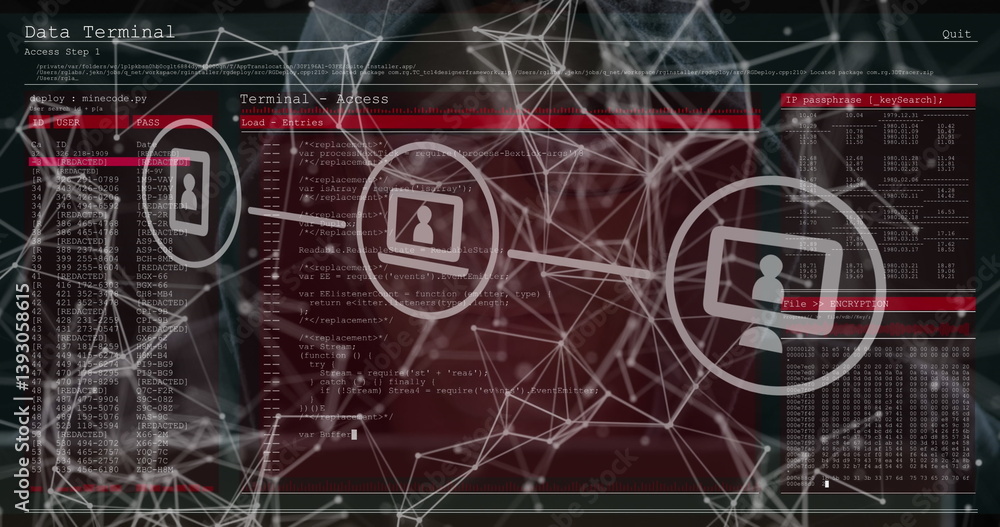 Aufkleber network of digital icons and network of connections against data processing against black background