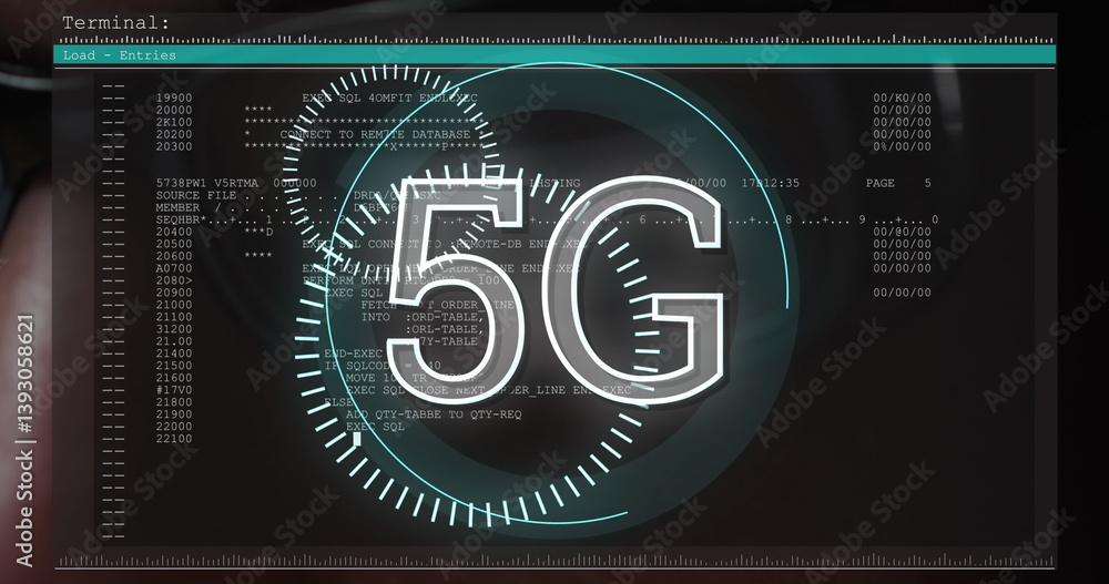 Poster 5g text over screen with data processing against close up of male hacker