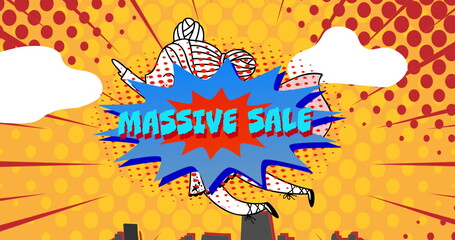 Image of retro massive sale text on blue speech bubble and superhero over red dots on yellow