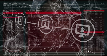 Network of digital icons and network of connections against data processing against black background