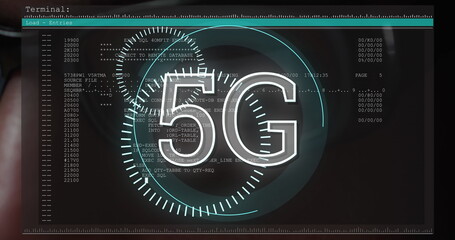 5g text over screen with data processing against close up of male hacker
