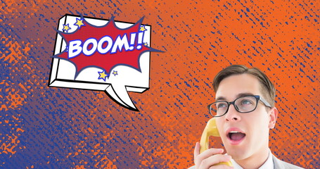 Image of smiling man holding retro phone, boom text on speech bubble on distressed background