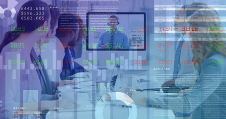 Stock market data processing against business people having a image conference at office