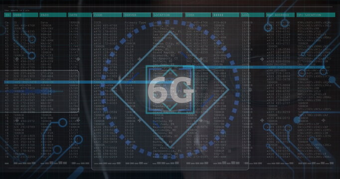 6g text and microprocessor connections against data processing on black background