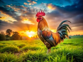 Golden Sunrise Illuminates Majestic Rooster on a Farm Stunning Farm Animal Photography Capturing the Beauty of Rural