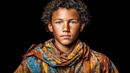 Young boy wearing a colorful patterned shawl with a serious expression