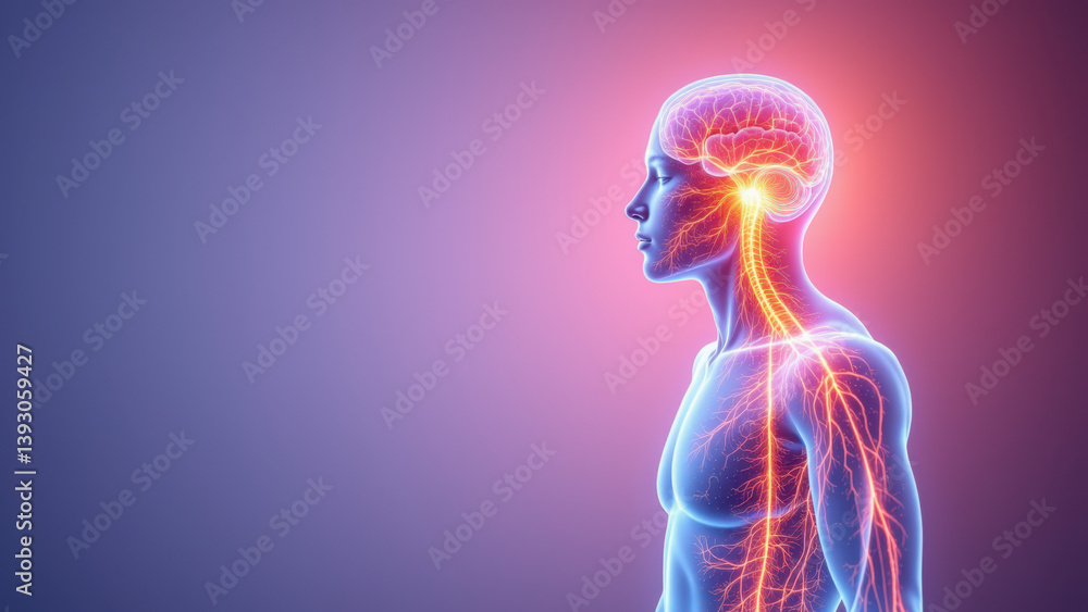 Poster 3d rendering of a human body with highlighted central nervous system showing vns (vagus nerve stimul