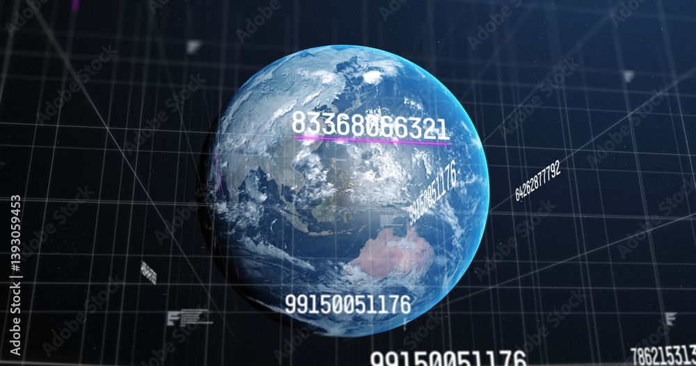 Poster image of numbers changing over earth in universe over grid on blue background
