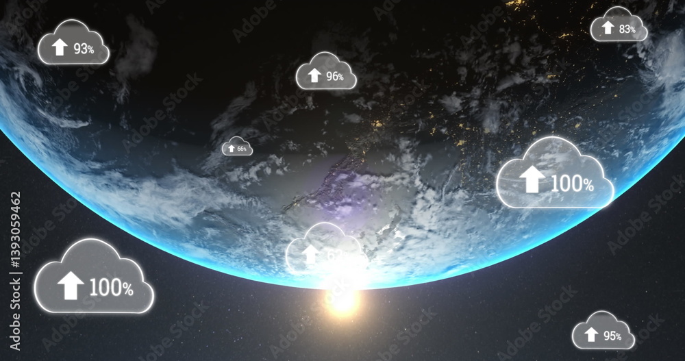 Poster image of digital clouds with arrows and percent growing over earth in universe in background