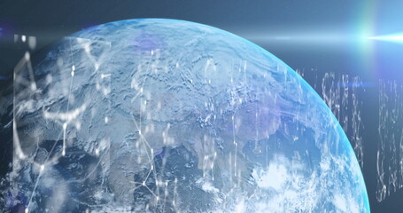 Image of glowing light and networks of connections over globe on blue background