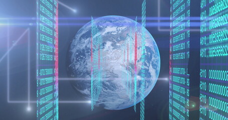 Image of numbers processing and biometric fingerprints over globe on blue background