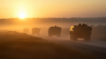 Fototapeta premium Military convoy of armored vehicles at sunset in the countryside Generative AI