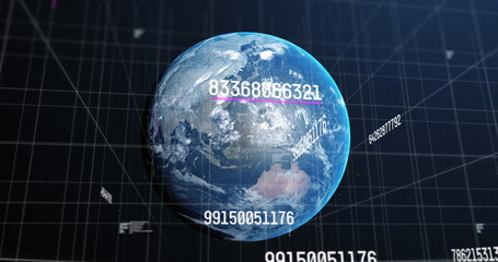 Image of numbers changing over earth in universe over grid on blue background