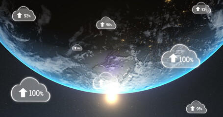 Image of digital clouds with arrows and percent growing over earth in universe in background © vectorfusionart