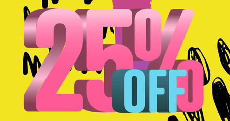 Image of 25 percent off text on black squiggles on yellow background