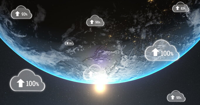 Image of digital clouds with arrows and percent growing over earth in universe in background