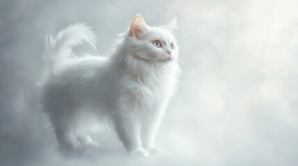 Fototapeta premium A fluffy white cat gazes to the right with striking eyes, set against a soft, muted backdrop. Elegant and serene