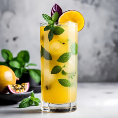 Refreshing passion fruit mojito cocktail with mint garnish 