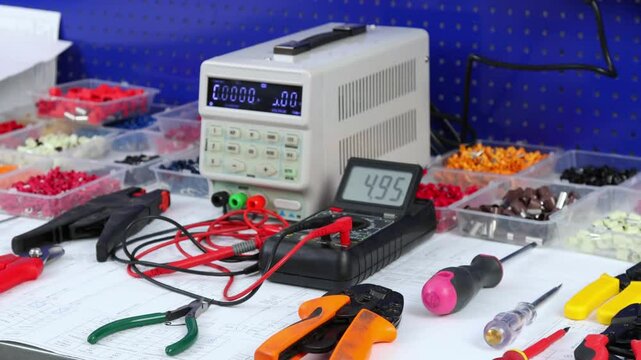 Digital Multimeter and Mounting Tools for Electrical Switchboard Assembly on Electronic Digram. 