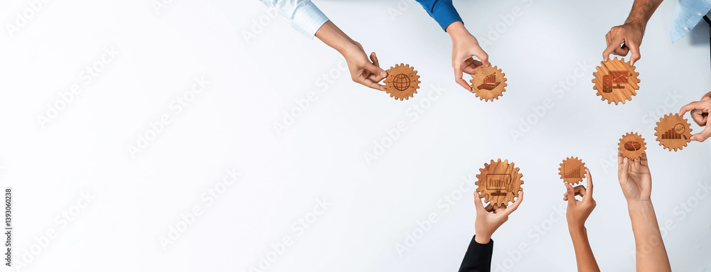 Poster a diverse group of hands gathers around wooden gears, representing teamwork and innovative problem-s