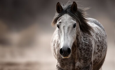 a white horse with a long mane standing in the desert, its background blurred The horse is in sharp focus, while the background is slightly out of focus, giving th