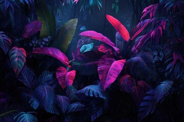 Lush, vibrant tropical jungle foliage in deep colors