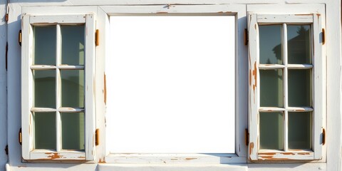 Antique white window frame, weathered paint, isolated, antique window, frame