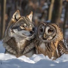 A majestic wolf and owl pose together in a snowy scene