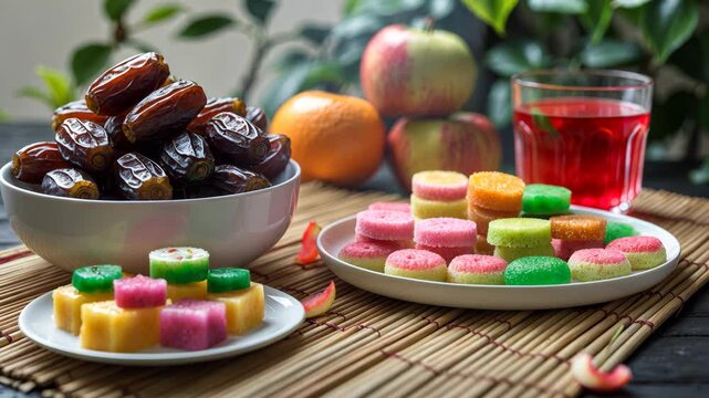 Common iftar breakfast foods during the fasting month consist of cold refreshing syrup drinks, sweet dates, and kuih. Artistic representation.