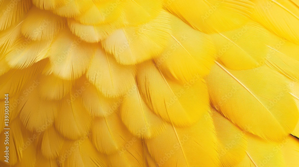 Poster close-up of vibrant yellow bird feathers, smooth texture, overlapping pattern.