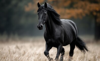  a black horse running through a field of tall grass, with a blurred background