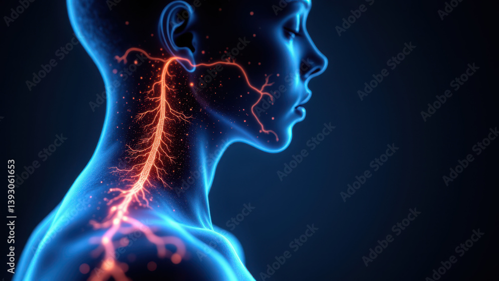 Poster a 3d rendering of a human head with highlighted features focused on vns or vagus nerve stimulation.