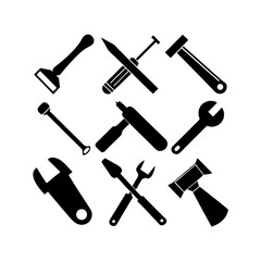 9 Set working tools icon silhouette illustration