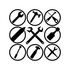 9 Set working tools icon silhouette illustration