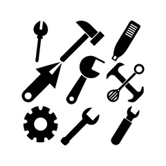 9 Set working tools icon silhouette illustration