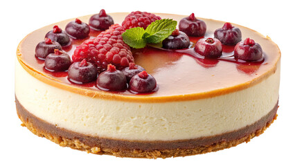 Delicious Creamy Cheesecake Topped with Raspberries and Cherries Caramel Glaze