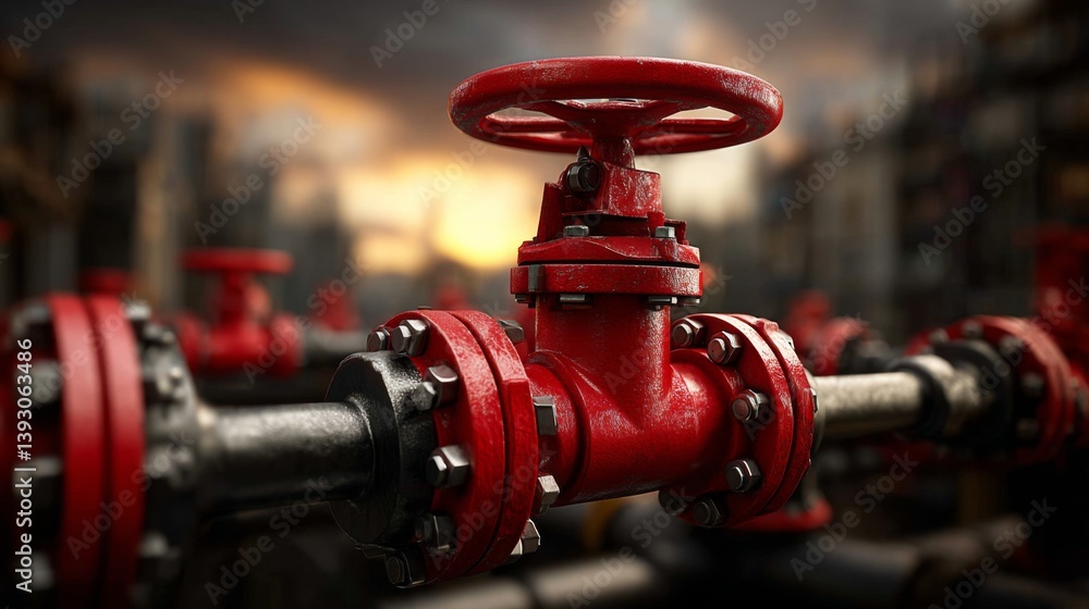 Aufkleber close-up of a red industrial valve on a pipeline in a factory setting