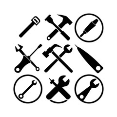 9 Set working tools icon silhouette illustration