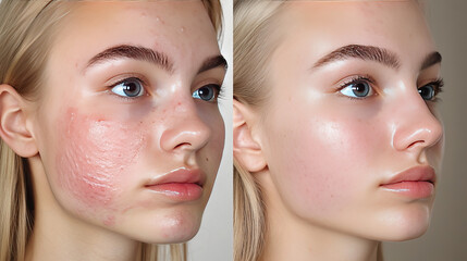 Two close up faces of young beautiful woman show real result before and after acne treatment. Split screen. Home background. Concept  of acne therapy, scars, inflammation on face and problem skin. UGC